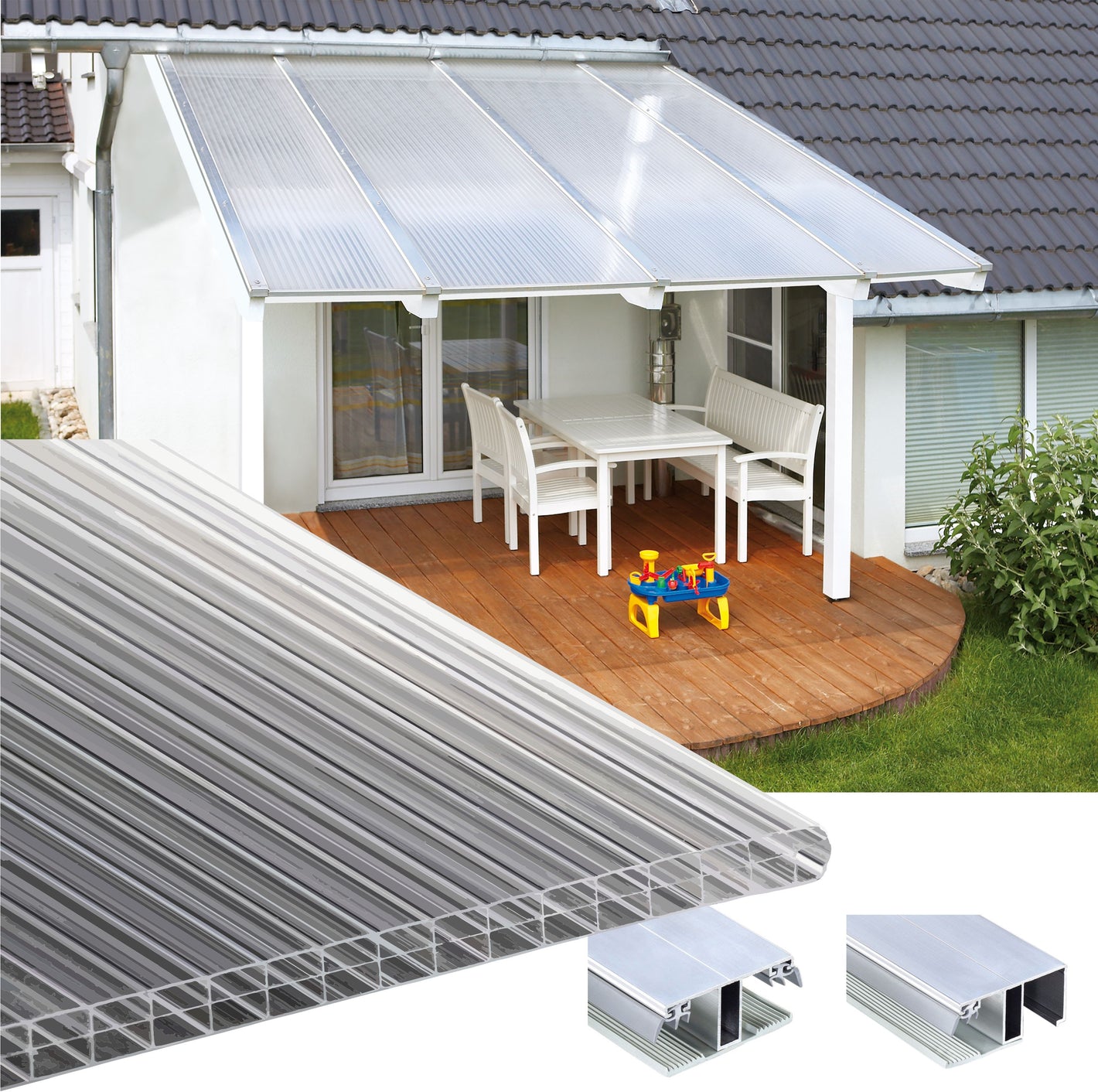 16mm Stegplatten Komplettset Polycarbonat 3-fach klar - Alu-Gummi-Profil