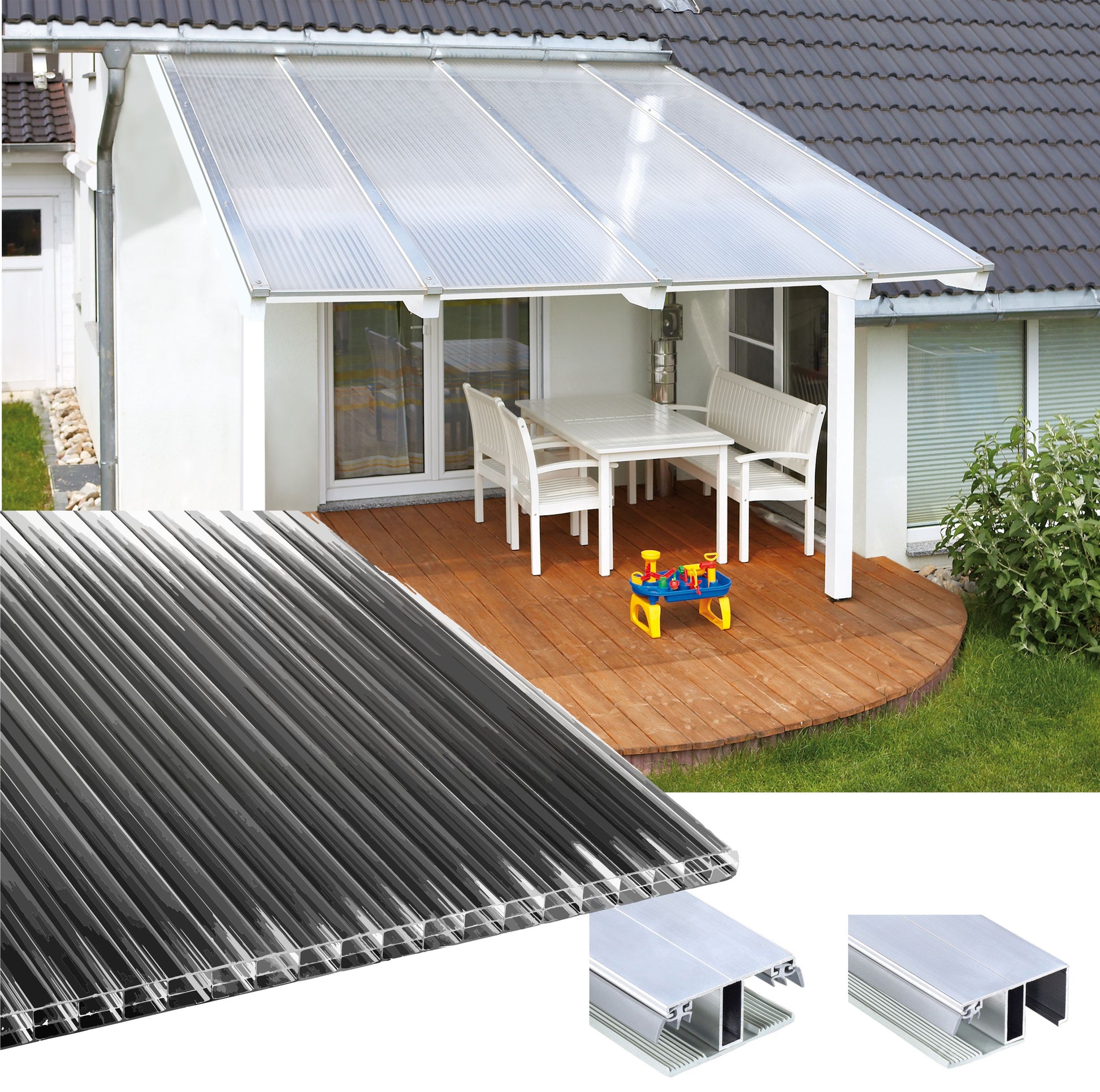kf-handel.net GmbH-16mm Stegplatten Komplettset Polycarbonat 3-fach graphit - Alu-Gummi-Profil-Stegplatten Komplettset PC graphit/anthrazit-Stegplatten-Guenstig.de