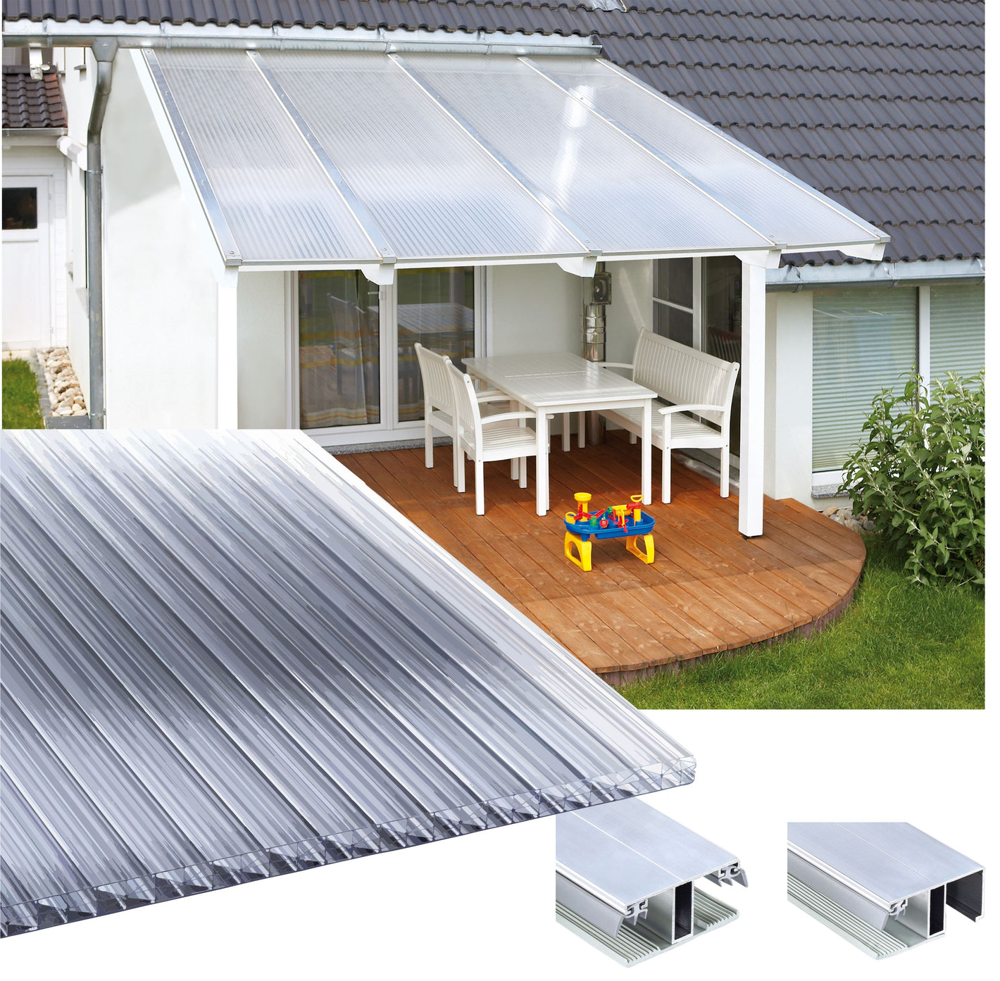 16mm Stegplatten Komplettset Polycarbonat X-Struktur klar - Alu-Gummi-Profil