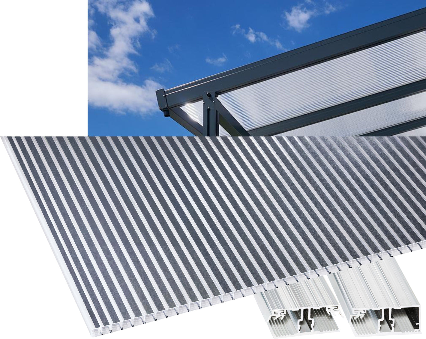 16mm Stegplatten Komplettset Polycarbonat gestreift anthrazit - Alu-Gummi-Profil