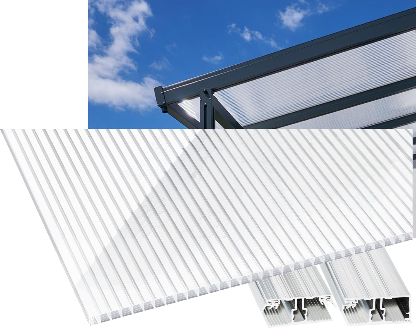 16mm Stegplatten Komplettset Polycarbonat gestreift weiss - Alu-Gummi-Profil