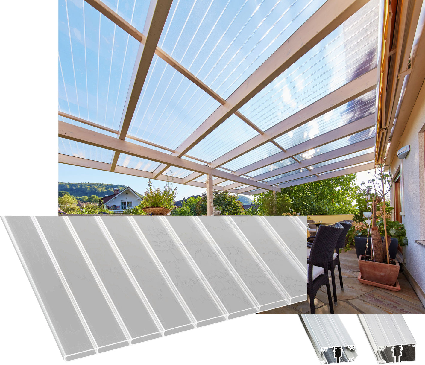 16mm Stegplatten Komplettset Acrylglas 16-64mm klar - Alu-Alu-Profil