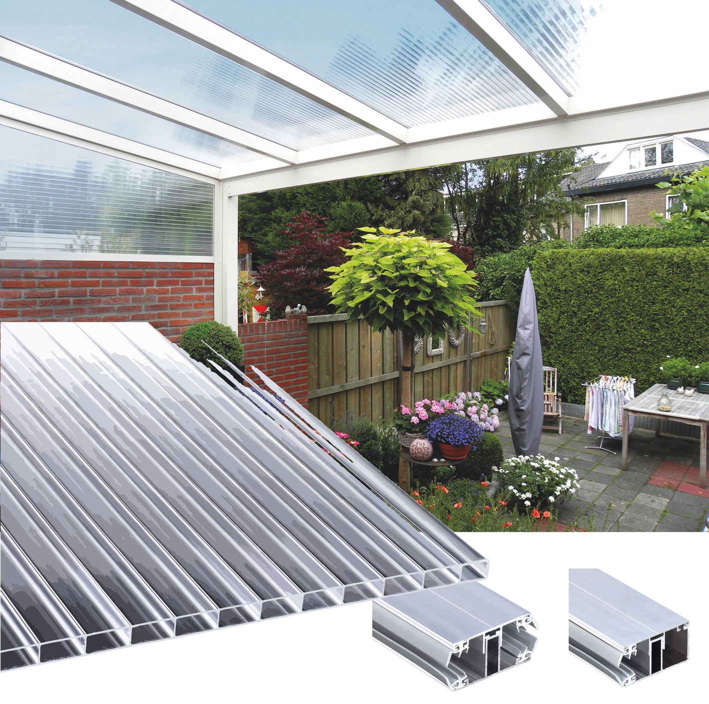 16mm Stegplatten Komplettset Acrylglas 2-fach klar - Alu-Alu-Profil