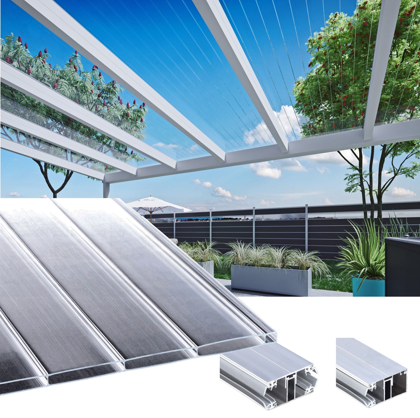 16mm Stegplatten Komplettset Acrylglas VERTICA 96mm klar - Alu-Alu-Profil