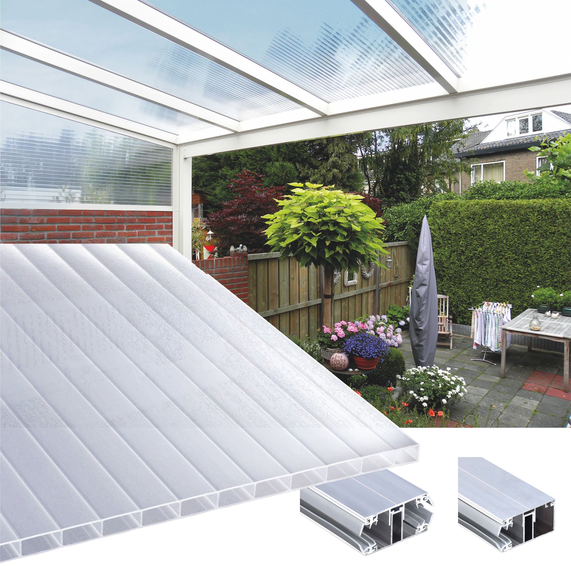 kf-handel.net GmbH-16mm Stegplatten Komplettset Polycarbonat Breitkammer opal-weiss - Alu-Alu-Profil-Stegplatten Komplettset PC opal-weiß-Stegplatten-Guenstig.de
