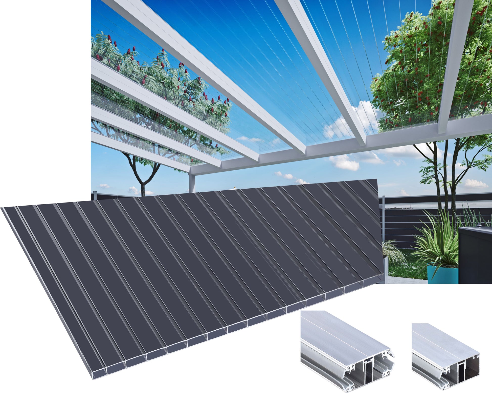 kf-handel.net GmbH-16mm Stegplatten Komplettset Polycarbonat Breitkammer graphit - Alu-Alu-Profil-Stegplatten Komplettset PC graphit/anthrazit-Stegplatten-Guenstig.de