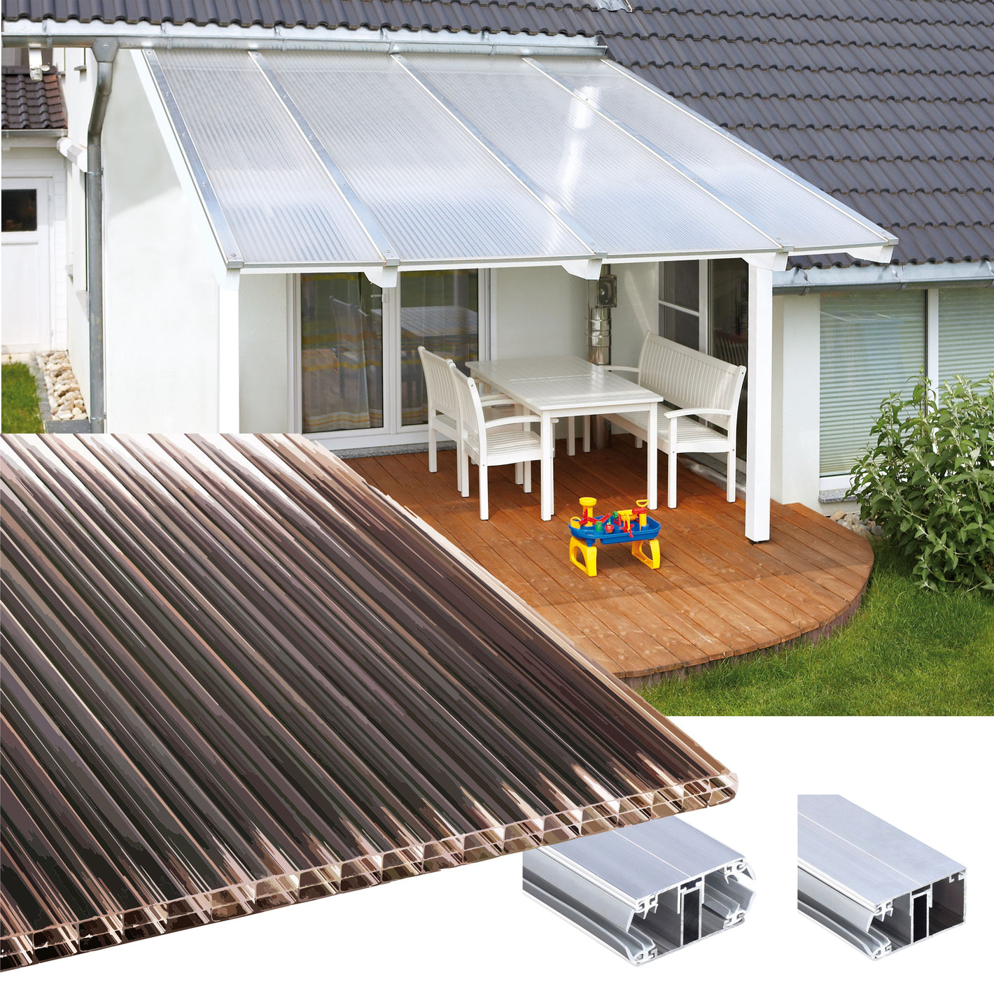 16mm Stegplatten Komplettset Polycarbonat 3-fach bronze - Alu-Alu-Profil