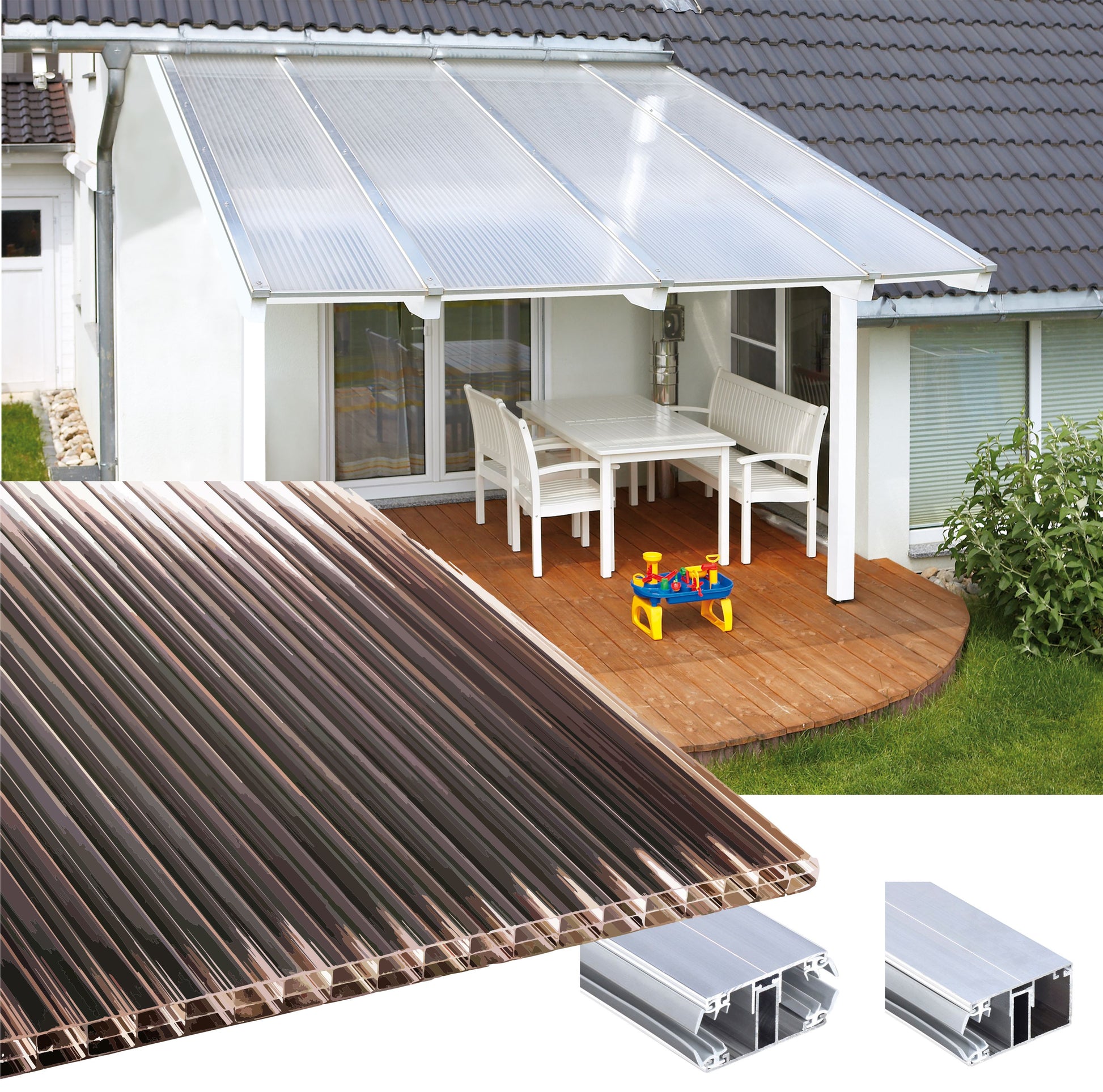 kf-handel.net GmbH-16mm Stegplatten Komplettset Polycarbonat 3-fach bronze - Alu-Alu-Profil-Stegplatten Komplettset PC bronce-Stegplatten-Guenstig.de