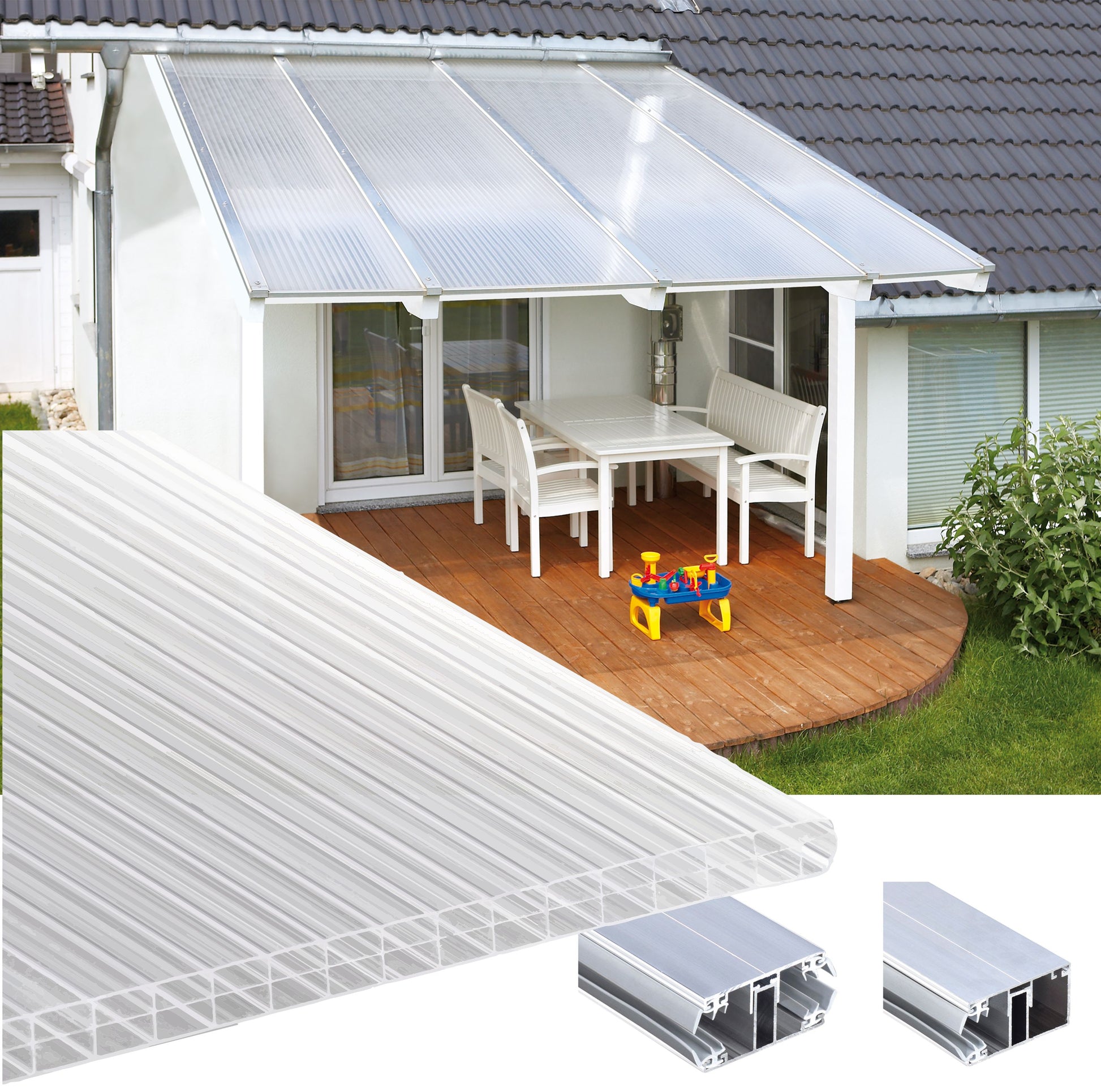 kf-handel.net GmbH-16mm Stegplatten Komplettset Polycarbonat 3-fach opal-weiss - Alu-Alu-Profil-Stegplatten Komplettset PC opal-weiß-Stegplatten-Guenstig.de