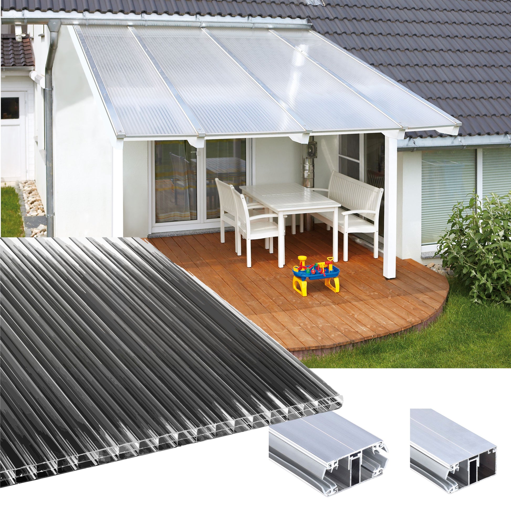 kf-handel.net GmbH-16mm Stegplatten Komplettset Polycarbonat 3-fach graphit - Alu-Alu-Profil-Stegplatten Komplettset PC graphit/anthrazit-Stegplatten-Guenstig.de