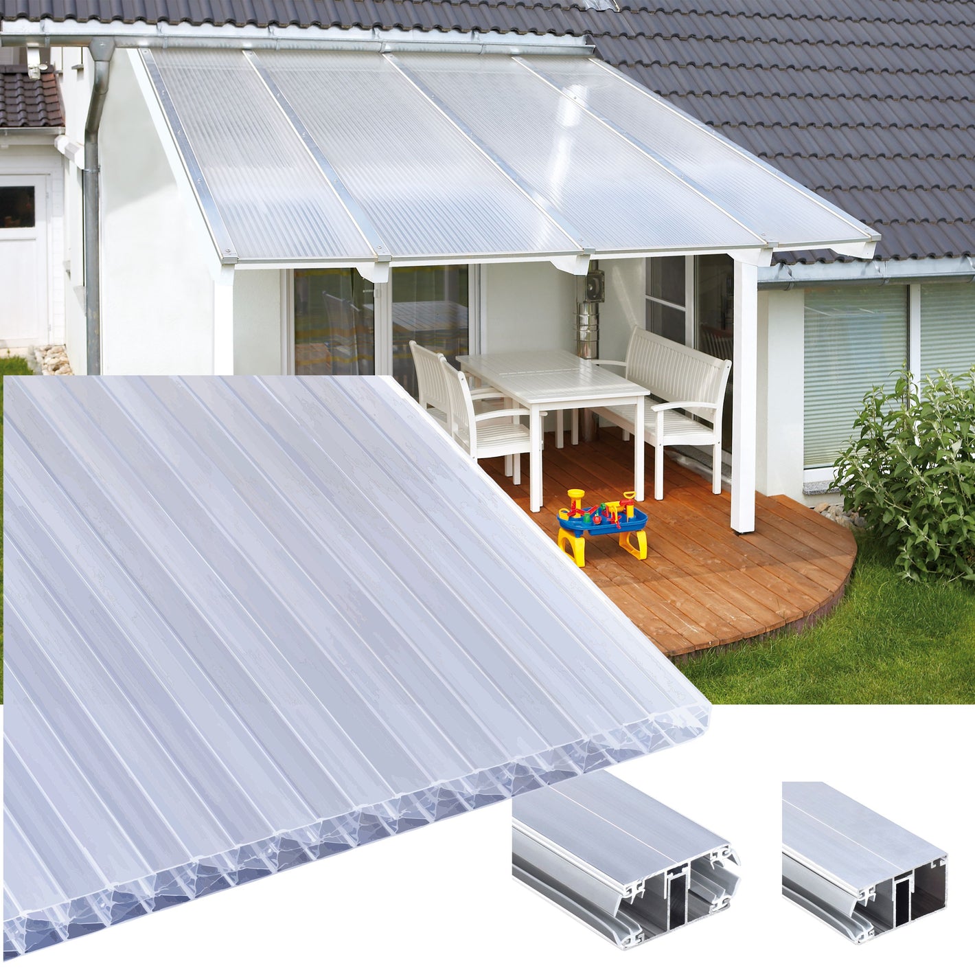 16mm Stegplatten Komplettset Polycarbonat X-Struktur opal-weiß - Alu-Alu-Profil