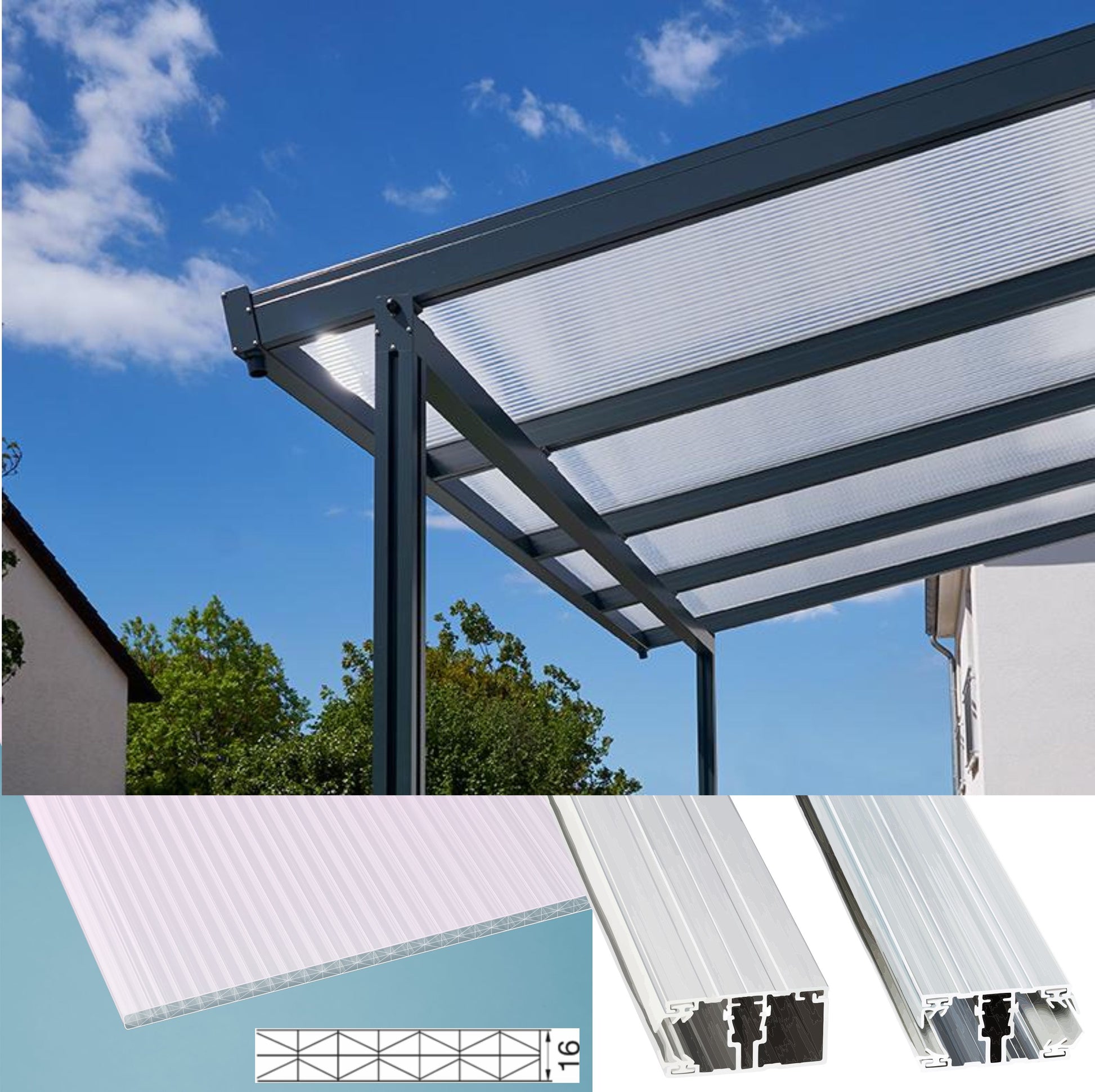 kf-handel.net GmbH-16mm Stegplatten Komplettset Polycarbonat IQ-Relax opal-weiß - Alu-Alu-Profil-Stegplatten Komplettset PC opal-weiß-Stegplatten-Guenstig.de