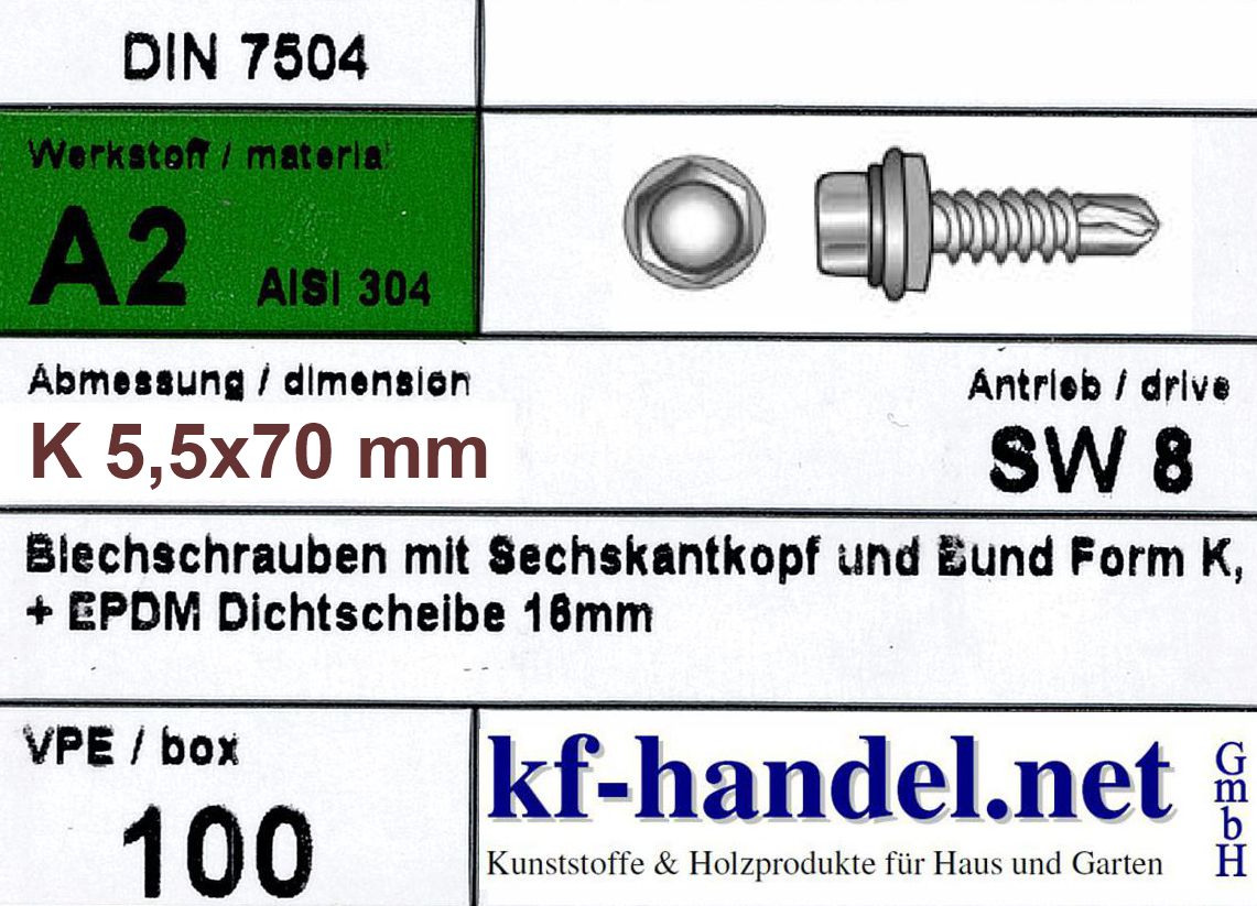 5,5x70mm Edelstahlschraube mit Bohrspitze & Neoprendichtung 100 Stück