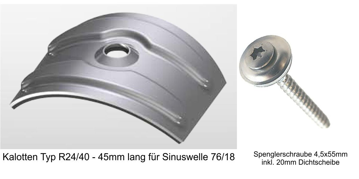 ALU Kalotten Set für Sinusprofil 76/18 inkl. 4,5x55mm Schrauben (je 100 Stück)
