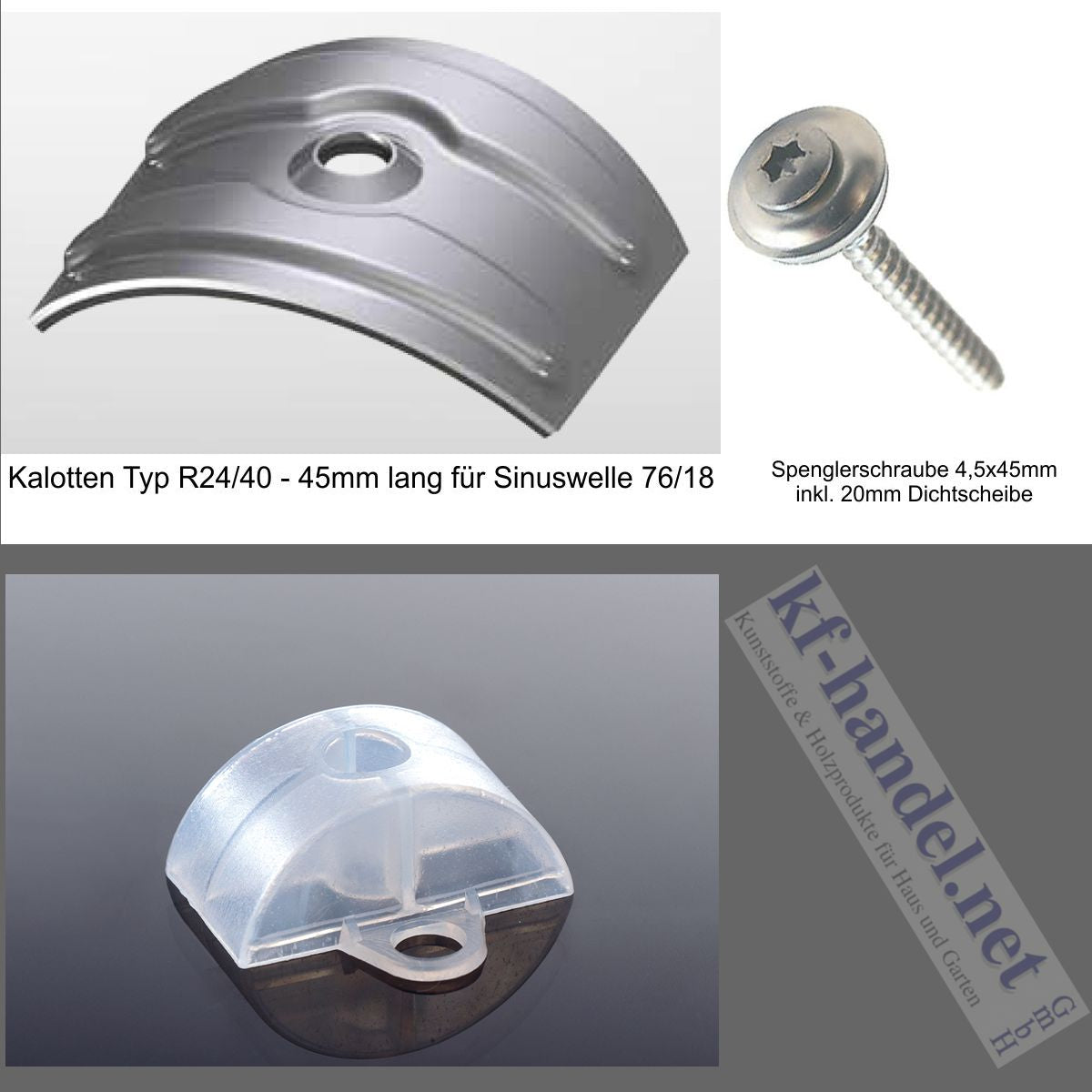 kf-handel.net GmbH-Kalotten - Abstandhalter - 4,5x45mm Spenglerschrauben - SET - Welle 76/18 (je 100 Stück)-Befestigungssets Sinus-Stegplatten-Guenstig.de