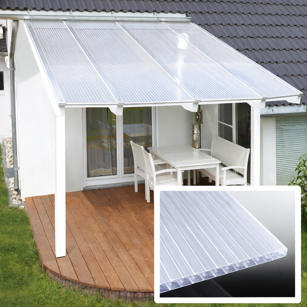 kf-handel.net GmbH-16mm Stegplatten Komplettset Polycarbonat X-Struktur opal-weiss - Alu-Gummi-Profil-Stegplatten Komplettset PC opal-weiß-Stegplatten-Guenstig.de