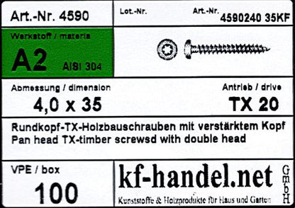 4,0x35mm Edelstahlschraube TX20 - Rundkopf 100 Stück