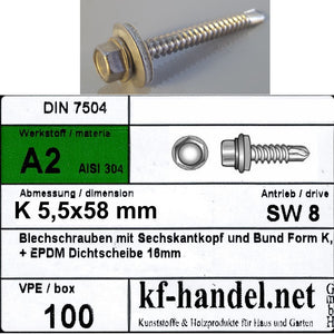 5,5x58mm Edelstahlschraube mit Bohrspitze & Neoprendichtung 100 Stück