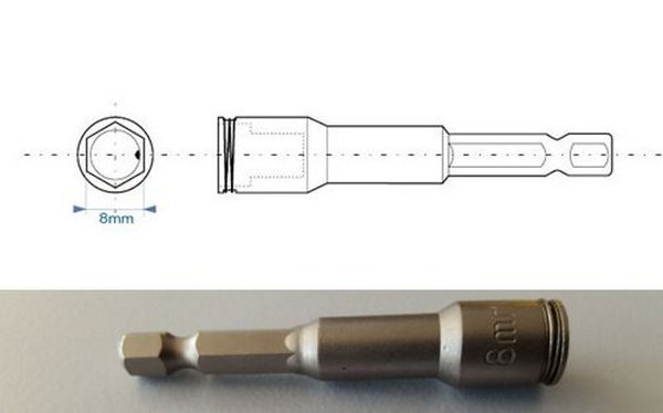 Stecknuß 8mm - 65mm lang - für Edelstahl A2 - Spring Clip - kein Magnet - Bit
