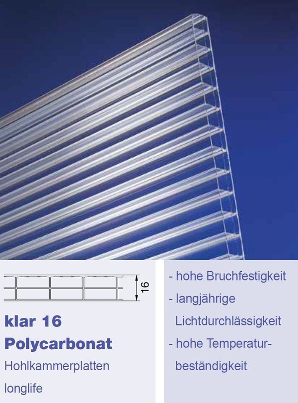 16mm Stegdreifachplatten - KLAR - Polycarbonat Typ 16/20 Roofstar longlife