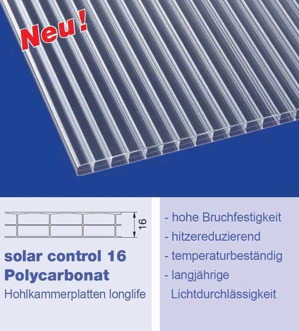 16mm Stegplatten solar control 16 Typ 16/10 klar Polycarbonat longlife hitzestop